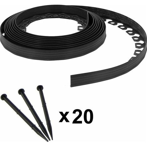 Schwarze, flexible Garteneinfassung – 3,8 cm x 10 Meter mit 20 Verankerungspfählen (1/5)