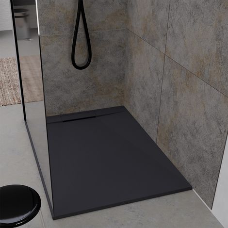 Plato de ducha 140x90x3cm extraplano polibetón gun metal mate efecto piedra (1/5)