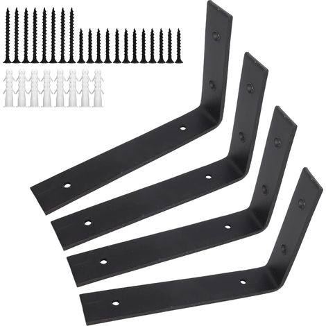 4 Pcs Heavy Duty Shelf Brackets   L Shape Right Angle Corner Bracket 200x100mm, 4mm Thick, with Screws  and  Anchors, Black (1/5)