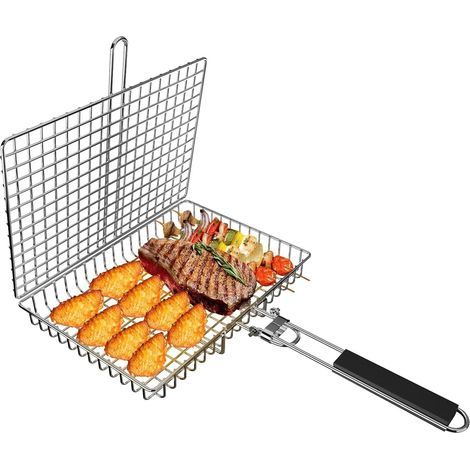 Panier de barbecue pliable portable en acier inoxydable pour poisson, légumes, crevettes avec poignée amovible, avec brosse à badigeonner et sac de rangement (1/5)
