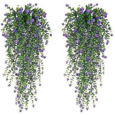 1/2 pièces de vigne de fleurs artificielles suspendues, résistantes aux UV, fausses plantes florales retombantes en plastique, lierre pour la maison, les mariages et l'intérieur2 pièces bleu violet (1/5)