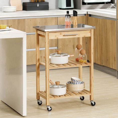 Caddie de cuisine en bambou avec plateau en acier inoxydable, tiroirs et étagères à boulons, bois (1/5)