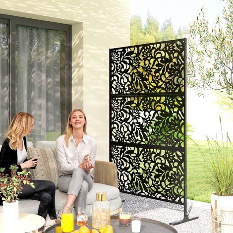 Panneau Brise Vue décoratif Extérieur Claustra Décoratif Jardin 3 Panneaux à motif floral Acier 122 x 45 x 198 cm Noir (1/5)