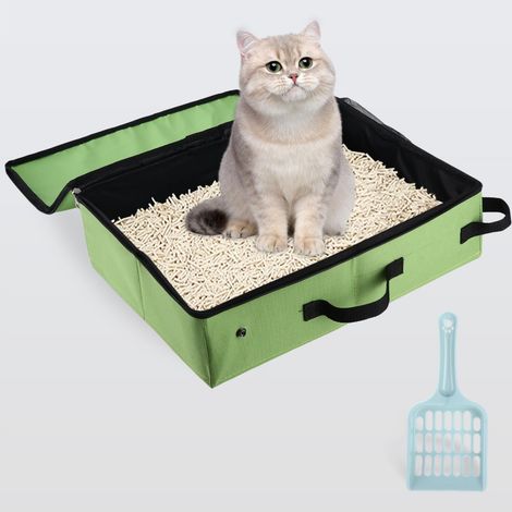 Arenero portátil para gatos con tapa, cubo de basura para arena de gato con pala y asa, bandeja de arena de viaje, ligero, fácil de limpiar, plegable, a prueba de fugas (1/5)
