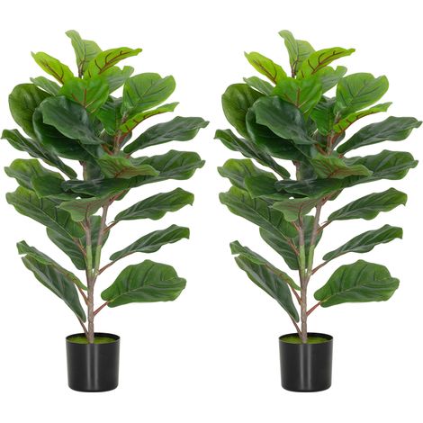 Set di 2 piante artificiali da interno, albero di fico da 80 cm, albero artificiale con vaso in plastica e copertura verde innevata.