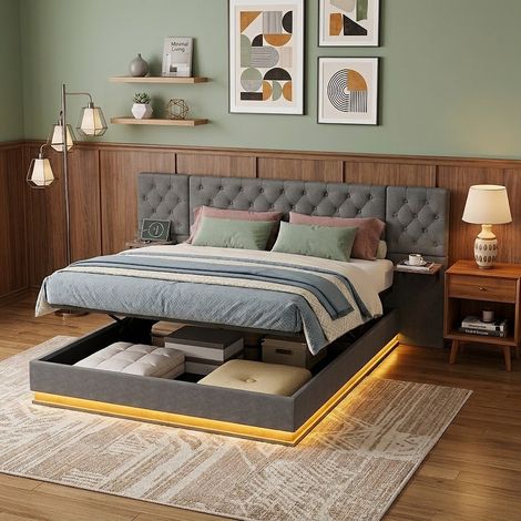 Lit Coffre 140x200 Double Rembourré avec LED RGB Tête de Lit XXL et Chevet Intégré Lin Connecté avec Chargeur Sans Fil - Gris (1/5)