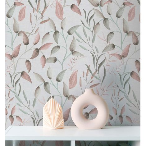Papier peint fleurs, rose et vert, ambiance champêtre, salon, cuisine, 397451