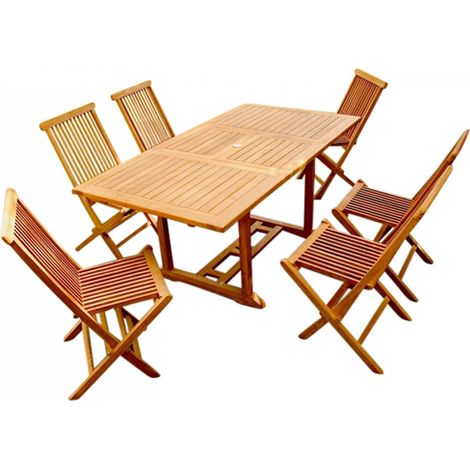 Conjunto de jardín de teca maciza 6 lazas: Mesa rectangular + 6 sillas KAJANG