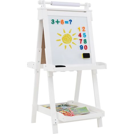 Cavalletto pieghevole bifacciale 55 x 66 x 106/116/126 cm con altezza regolabile e facile stoccaggio in MDF bianco 200018722