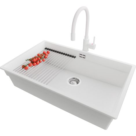 PRIMAGRAN Evier Cuisine en Granit 76x47cm, Lavabo 1 bac + Robinet 38x14cm + Kit de Vidage + Accessoire, Évier à Encastrer au meuble 80cm - Prague Slim, Blanc (1/5)