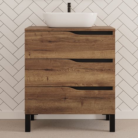 Meuble de salle de bain 80cm avec plateau et vasque à poser zeus - 3 tiroirs - sans miroir - tabaco (chêne foncé) - MATA (1/4)