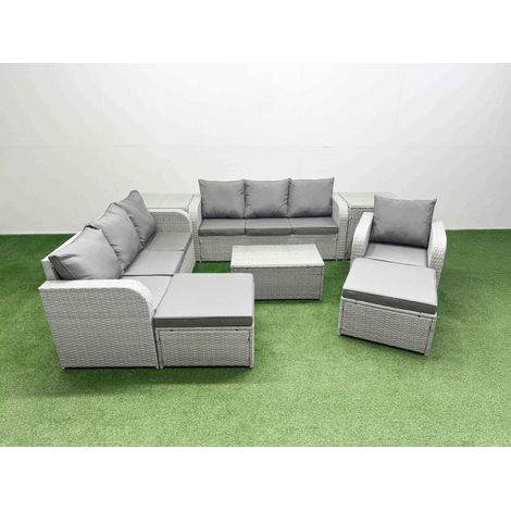 Fimous 9 Seater Poly Rattan Outdoor Garden Furniture Sofa Set Patio 3 Seater Sofa Reclining Chair 3 Seater Sofa 2 Big Footstools 2 Side Table Light Grey (1/4)