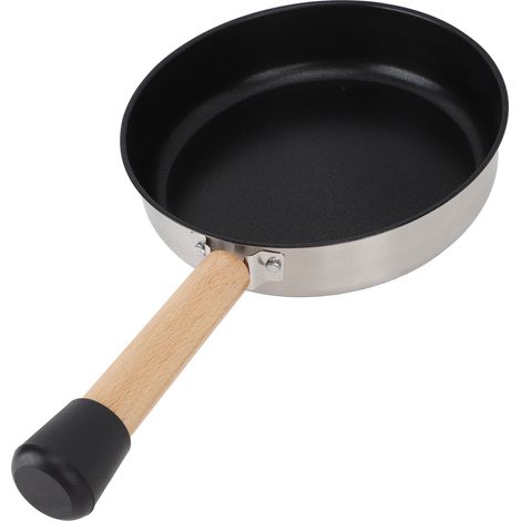 Poêle à frire portable en acier inoxydable 304, antiadhésive, avec manche en bois et sac de rangement, idéale pour la cuisson sur plaque de cuisson, le camping et les pique-niques.