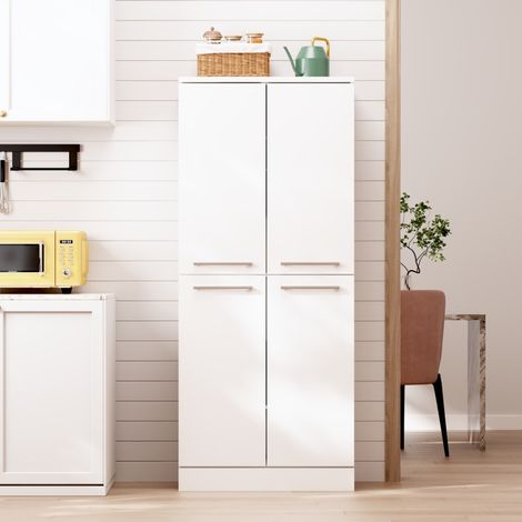 Armoire de cuisine haute, blanc brillant, 4 portes, style réfrigérateur, étagères réglables en hauteur, poignées en métal, 76 x 42 x 180 cm (1/5)