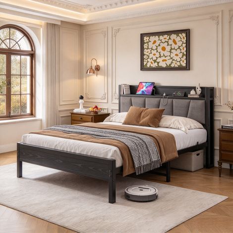 Lit 140x190 cm avec éclairage LED-USB Type-C-Cadre de lit en métal,Lit Moderne pour Adolescent avec sommier à Lattes,pour Chambre d'amis,Montage Facile,Noir (1/5)