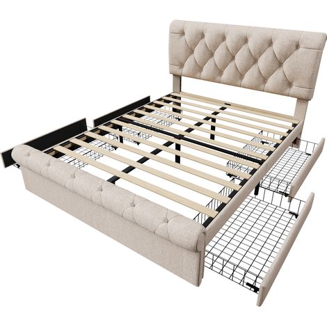 Letto contenitore 140x200 cm con 4 cassetti, testiera regolabile, naturale, senza materasso (1/5)