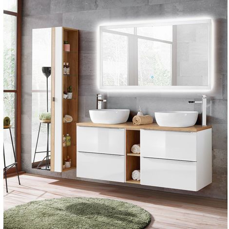 Badmöbelset mit 2 Keramik-Waschtische und LED-Spiegel TOSKANA-56 Hochglanz weiß, BxHxT ca. 205/190/46cm (1/5)