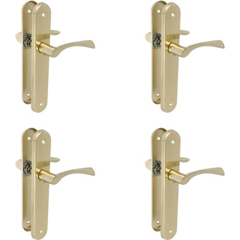 Lot de 4 poignées dorées avec plaques ovales en acier et poignée de tirage en zamak finition laiton verni pour portes intérieures de passage - 237 x 40 mm - Béquille 120 mm - Vis incluses (1/5)