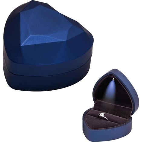 Boîte à Bague en Velours, Boîte de Bague avec Lumière LED, Ecrin Bague Forme de Coeur, Boîte à Bijoux Rangement, Coffret Cadeau à Bague pour Mariage Fianailles Cérémonie, 70x65x45MM (Bleu) (1/5)