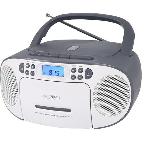 Reflexion Reproductor de CD con Cassette y Radio para alimentación y batería (Radio PLL FM, Pantalla LCD, Entrada Auxiliar, Conector para Auriculares), Color Blanco y Gris RCR2260