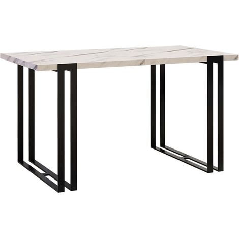 Mesa Comfivo Sors, Blanco Marmuro + Negro, 76x80x140cm, Alargamiento, Aglomerado laminado, Metal