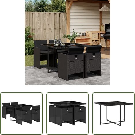 Chaises de jardin -  Ensemble à manger de jardin coussins 5pcs Noir Résine tressée (1/5)