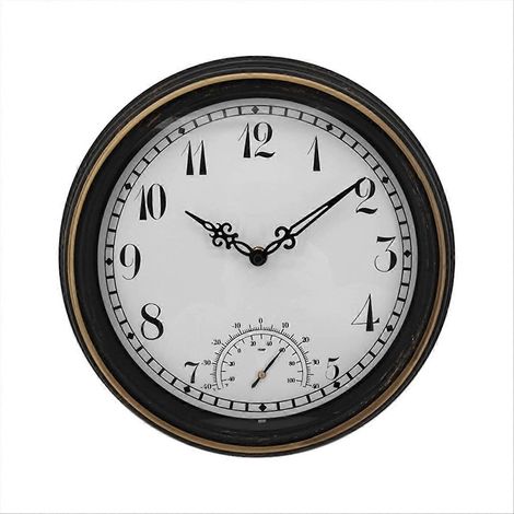 Runde Vintage-Wanduhr mit integriertem Thermometer, IP44 wasserdicht, wetterfestes Zifferblatt im Antik-Stil für den Außenbereich (1/5)