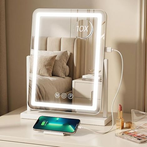 Dressing Table Mirror, 13 x 46 cm LED HD 360° Rotation with Illumination, Magnifying Glass, Color Temperatures, Dimmable, Memory Function, Touch Control, Charging Ports (1/5)