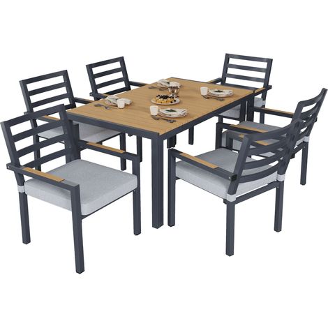 Set Jardin 6 Places Gris – 1 Table + 6 Chaises, Cadre Acier Galvanisé, Plateau Bois Plastifié, Design Industriel (1/5)