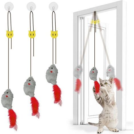 3-teiliges Türmaus-Spielzeug zum Aufhängen, interaktives Katzenspielzeug, Hängemaus mit Gummischnur und Geräuschfunktion, Katzenspielzeug für drinnen zum Spielen und Interagieren, Grau (1/5)