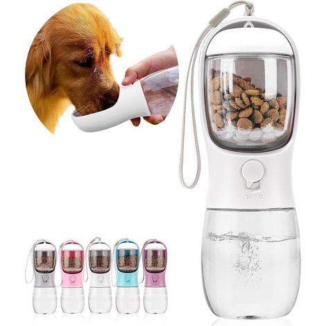 300mL Bouteille d'eau portable pour chien avec récipient de nourriture, distributeur d'eau de voyage 2 en 1 Blanc, bouteille anti fuite avec bol, accessoires d'extérieur pour chien, promenade, randonn (1/5)