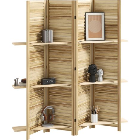 Divisorio in legno a 4 pannelli, 160 x 170 cm, pieghevole con 3 ripiani, legno naturale