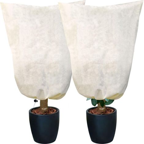 Set di 2 grandi coperture invernali per piante in vaso - 80 x 100 cm - Resistenti agli strappi e traspiranti - Beige - Con coulisse - Protezione dal gelo per piante in vaso