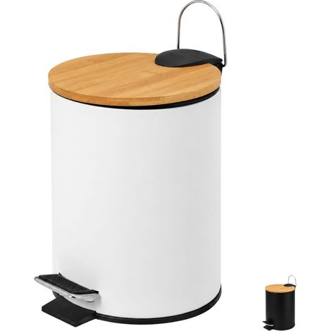 Cestino da bagno con coperchio in bambù 3561, Misura 17x22,5 cm, pattumiera con capacità 3 Litri, con secchio estraibile e pedale per apertura automatica - Bianco (1/5)