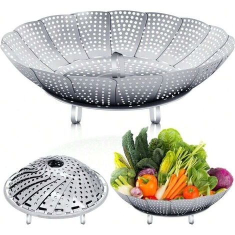 Cuit-vapeur en acier inoxydable, 29 cm, pliable, panier vapeur réglable, panier vapeur avec pieds antidérapants, convient à tous les types de cuisson, fournitures pour dîner en famille, fournitures po