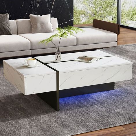 Table basse 110x60, plateau effet marbre brillant table basse salon, LED intégrées app contrôlées, rangement intégré 3 tiroirs (1/5)