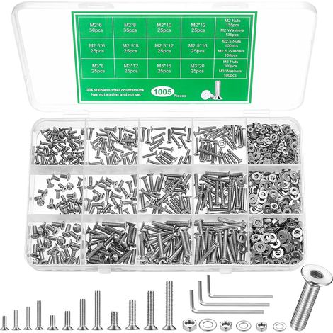 M2 M2,5 M3 Vis Boulons et Écrous et Rondelles Set, vVis à Tête Fraisée à Six Pans Creux, Boulons à Tête Creuse Hexagonale, Vis à Tête Plate Assortiment Kit (1005, Argent, M2,M2.5,M3) (1/5)