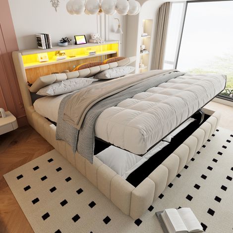 Cama tapizada de 180x200 cm con espacio de almacenamiento debajo, cama multifuncional con sistema hidráulico, tira LED en el cabecero, puertos de carga USB y USB-C. (1/5)