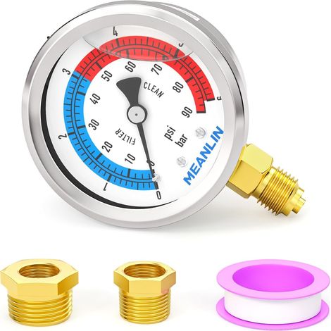 06Bar/090Psi 1/4" BSP Pressure Gauges with 2 Inch Dial,Glycerin Filled,Pool Filter,304 Stainless Steel Housing,Bottom Mount,with Hex Socket (1/5)