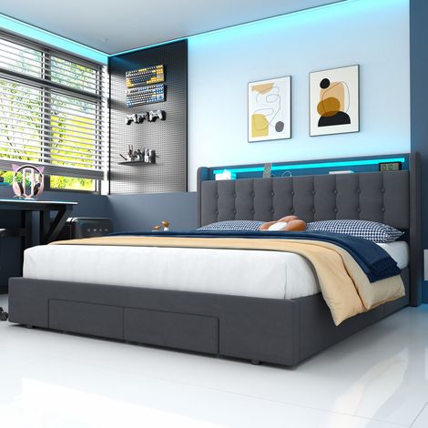 Lit coffre 180x200 avec 2 tiroirs, ports USB, éclairage LED et revêtement en velours. (1/5)