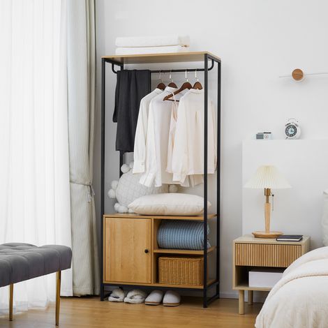 Porte-manteau industriel acier bois - meuble couloir - 80x40x180 cm - étagère intérieure 2 compartiments - naturel