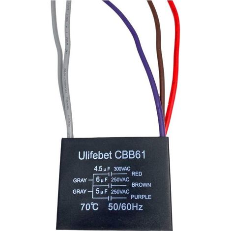 Condensateur pour ventilateur de plafond 250 V à cinq fils et trois valeurs (4,5 µF + 6 µF + 5 µF), noir (1/5)