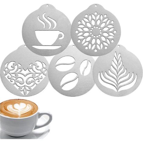 Pochoirs à café en acier inoxydable, pochoirs de décoration pour café, gabarits artistiques pour cappuccino et barista, guirlandes de café, outils de décoration de gâteaux (5 pièces) (1/5)