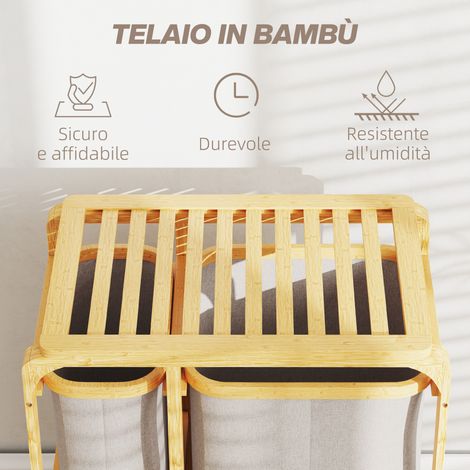 Panier à linge en bambou, 3 compartiments avec sacs en tissu et étagères, 50x32x69.7 cm, couleur bambou et crème (1/5)