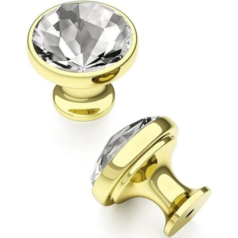 Lot de 10 boutons de meuble en cristal doré - Boutons de cuisine diamant 34,2 mm - Boutons de tiroir modernes en laiton pour armoires, poignées de porte en alliage de zinc - Commode ronde