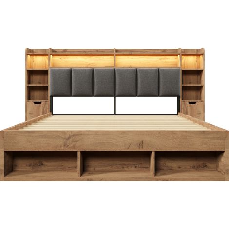 Cama doble 160x200 cm con LED, cabecero tapizado, USB-C, almacenaje, roble (1/5)