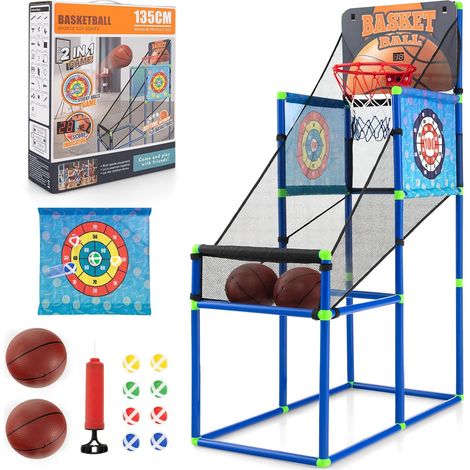 COSTWAY Canasta Baloncesto Infantil, Juego 2 en 1 de Baloncesto y de Pelotas Adhesivas, Marcador Electrónico, Sonido, Juego Deportivo de Arcade para Niños de 3+ Años