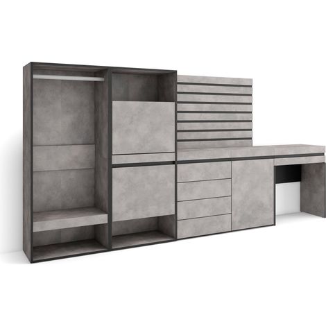 Skraut Home - Zapatero, Armario zapatos botas, 297x145x35 cm, Dormitorio, habitación, Vestidor abierto, Cómoda, Cajonera, Listones Decorativos, Tocador, Estilo Moderno, Gris Cemento (1/5)