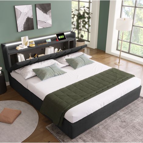 Etagenbett 140x200 cm in Grau mit Stauraum-Kopfteil, RGBW LED und USB-Anschluss (1/5)