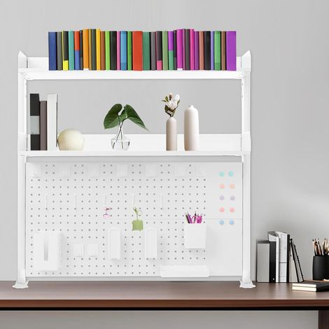 Clamp On Desk Shelf, 2-Tier 100cm Desktop Organizer with Pegboard, Clamp On Organizer Shelf, Desk Extender Pegboard Workstation, Countertop Storage Bookcase for Home, Office or Dorm White (1/5)
